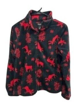 Diagonal Small Red Black Moose Fleece Jacket Full Zip Forestcore Goblincore